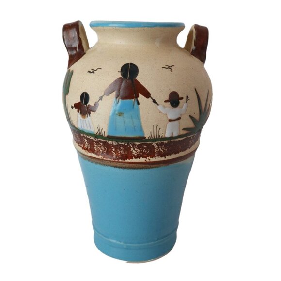 Vintage Tonala Pottery Vase Mother & Children Hand Painted Signed Mexico 8.5" - Picture 2 of 7